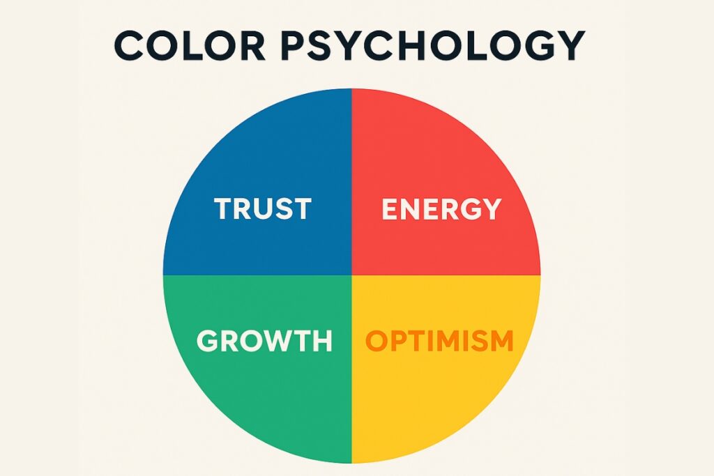 Farbpsychologierad mit Emotionen, die mit Blau, Rot, Grün und Gelb gebunden sind.