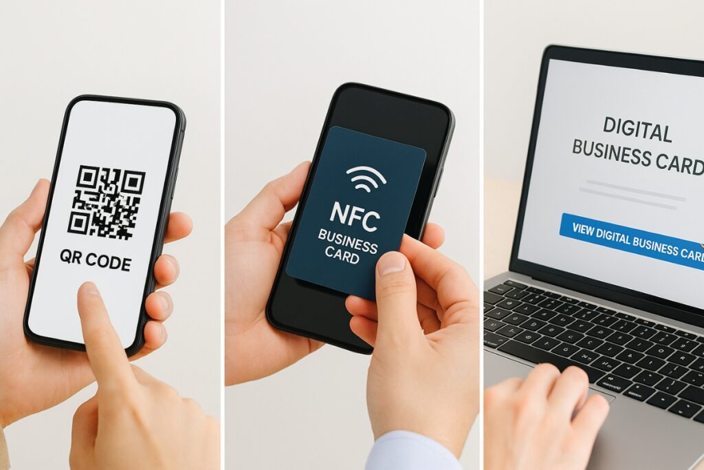 Verschiedene Möglichkeiten zum Teilen einer digitalen Visitenkarte (QR, NFC und Link).