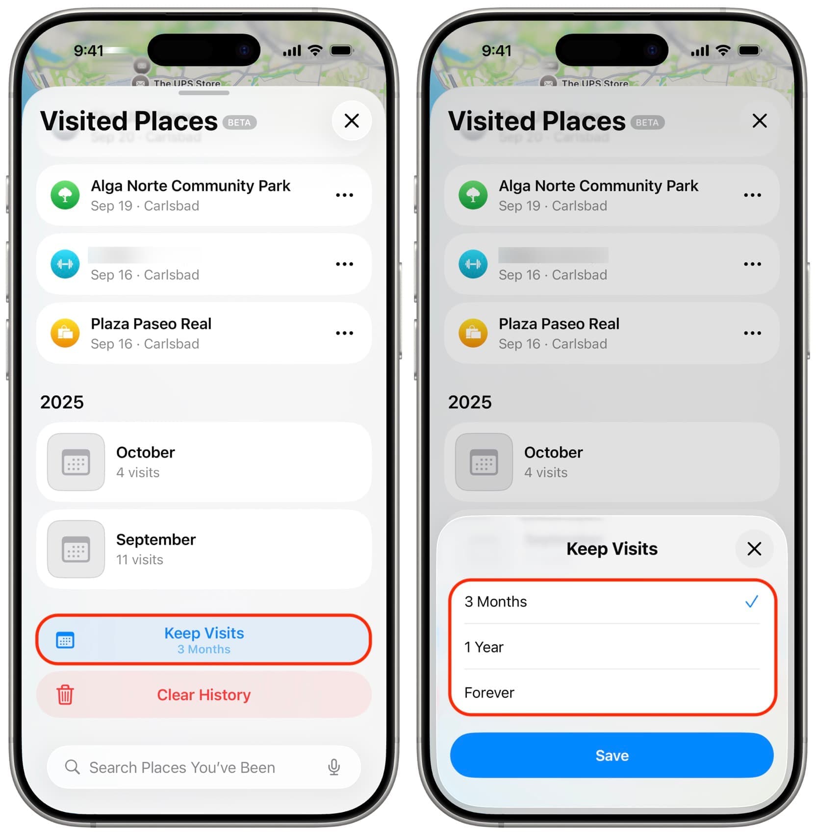 Dauer für die Aufbewahrung der besuchten Orte Geschichte auf dem iPhone