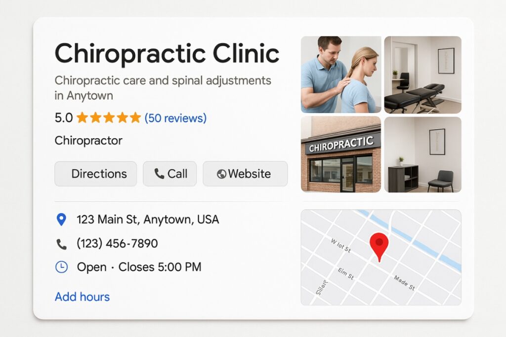Beispiel eines vollständigen Google-Unternehmensprofils für eine Chiropraktikklinik mit Fotos, Bewertungen und Öffnungszeiten.