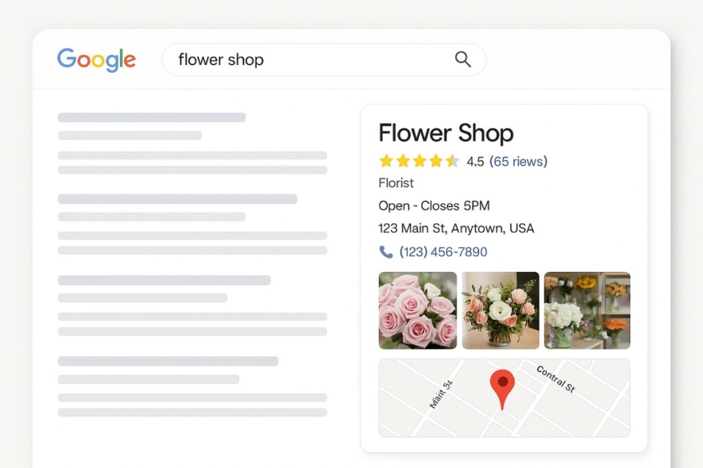 Beispiel eines optimierten Google-Unternehmensprofils mit Sternebewertungen und Karteneintrag.