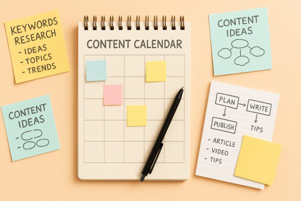 Flache Darstellung eines Inhaltskalenders und Keyword-Ideen für die Newsletter-Planung