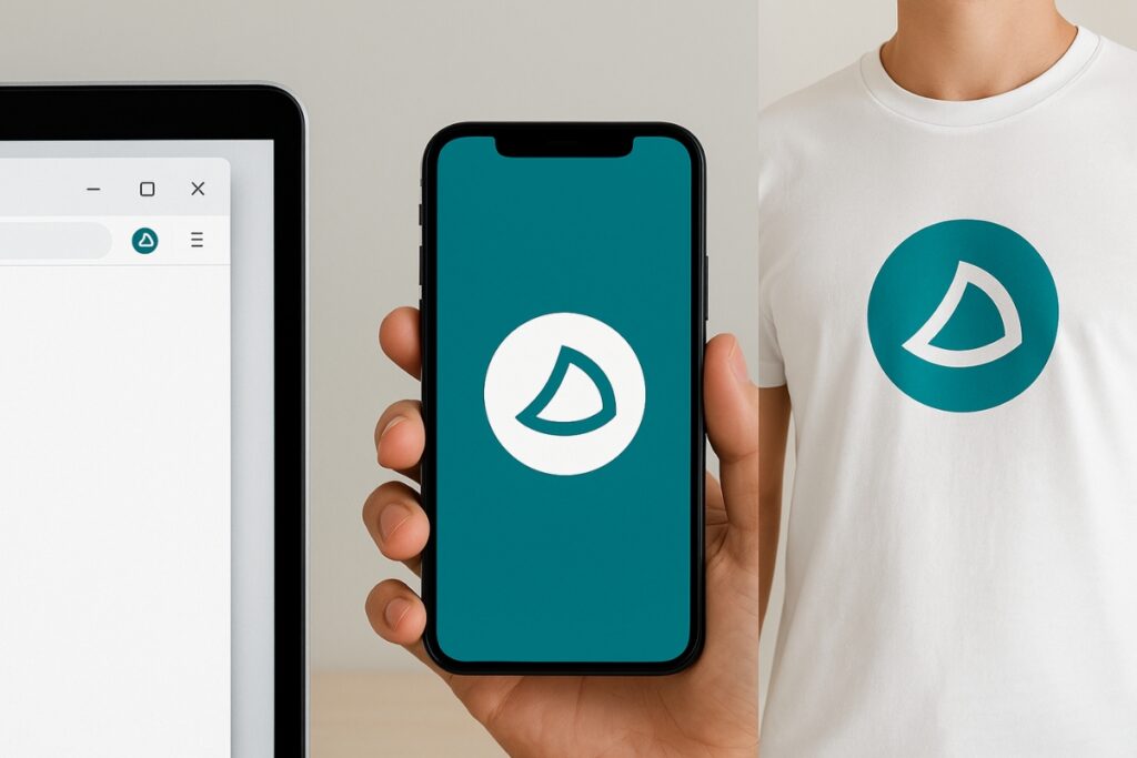 Future-Proof-Logo-Design als Favicon, App-Symbol und Druck auf Waren.