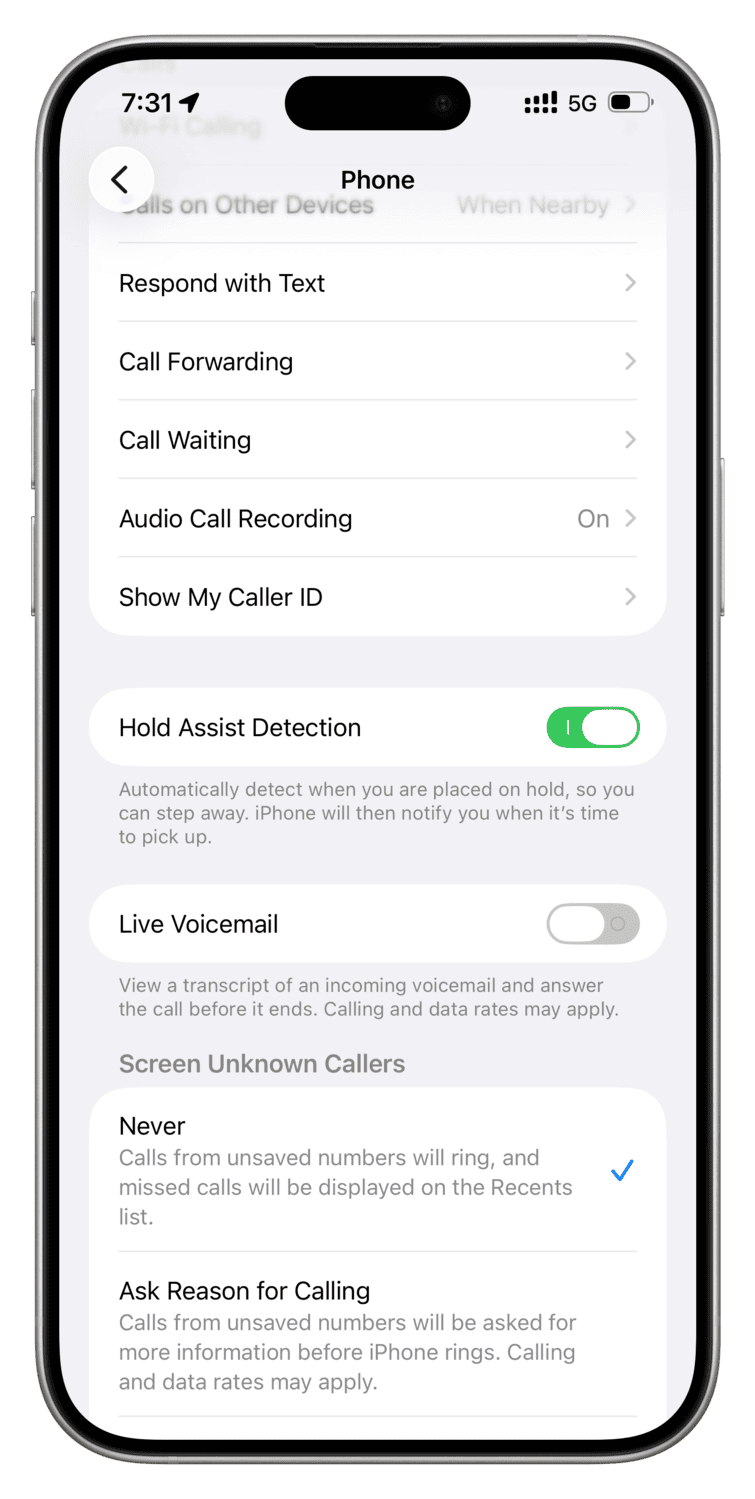 Hold Assist-Erkennung in den iOS 26-Einstellungen