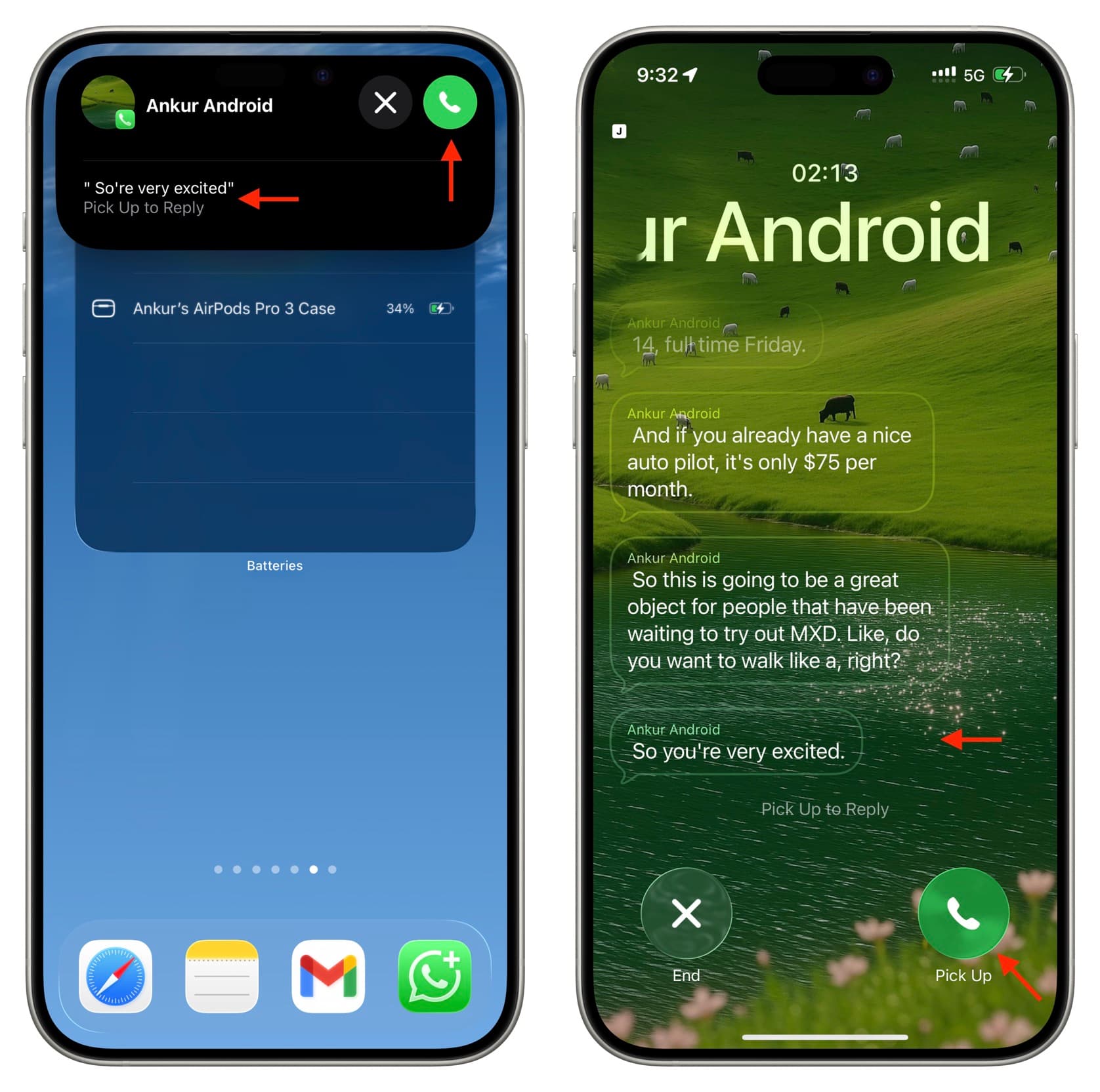 Hold Assist zeigt die Texttranskription im iPhone Dynamic Island und den vollständigen Anrufbildschirm an