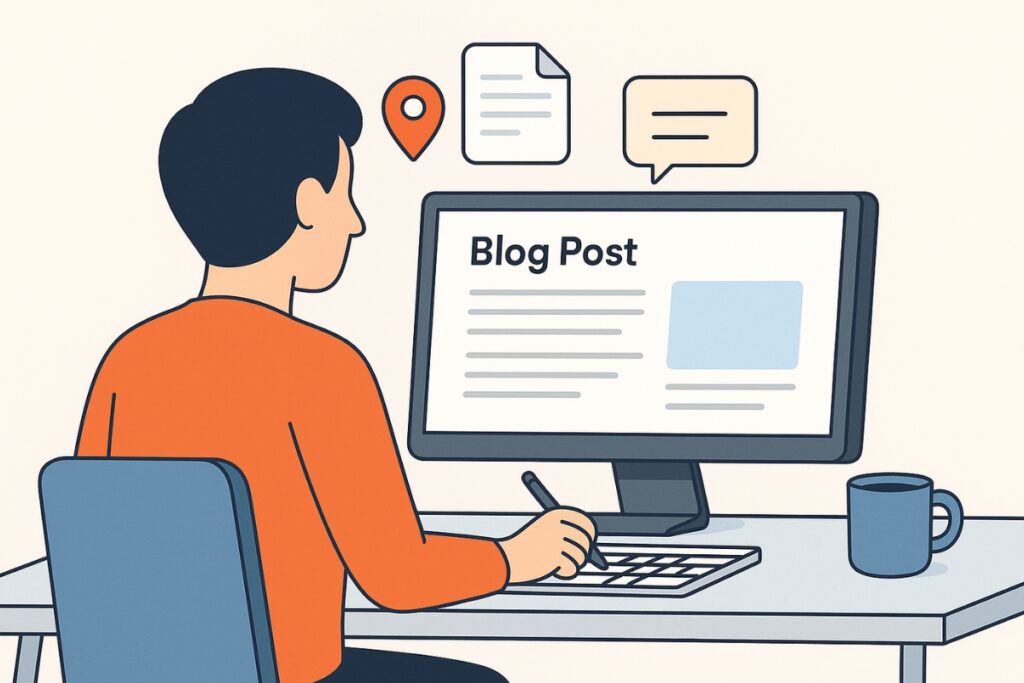 Illustration eines Bloggers, der an einem Schreibtisch lokale Inhalte mit schwebenden Symbolen von Standort-Pins, Blog-Artikeln und Chat-Blasen erstellt.