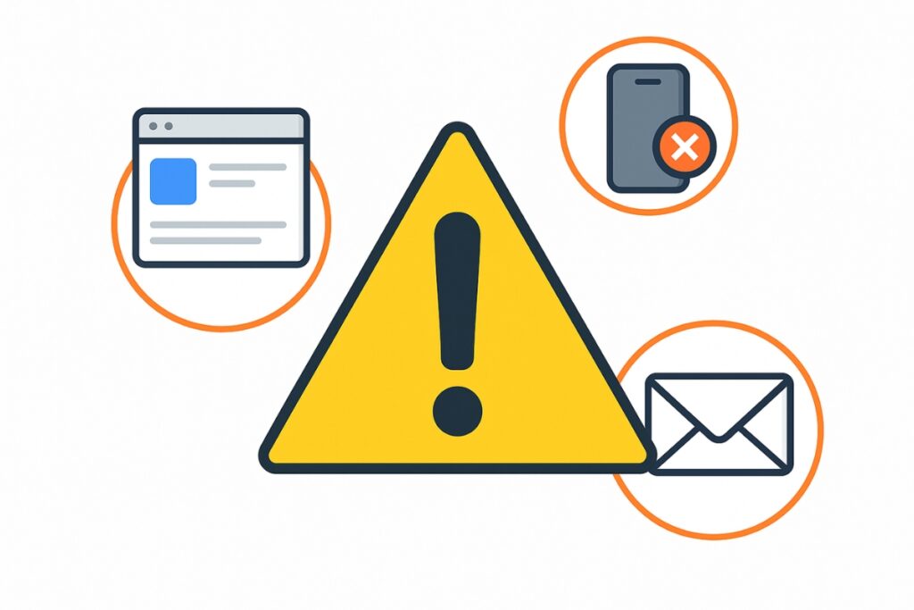Illustration eines Warnschilds mit kleinen Symbolen, die häufige Fehler darstellen: veraltetes Profil, ignoriertes Mobiltelefon und verpasste E-Mail-Nachverfolgungen.