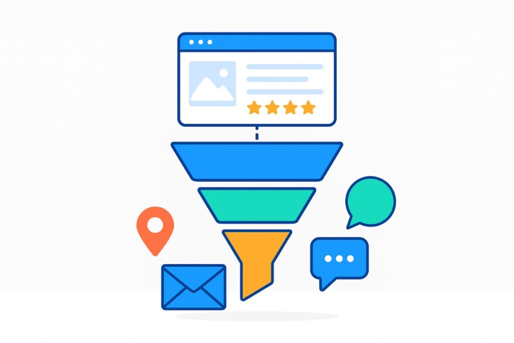 Abbildung eines digitalen Lead-Trichters, der oben eine Landingpage zeigt, die unten auf E-Mail- und SMS-Symbole beschränkt ist.