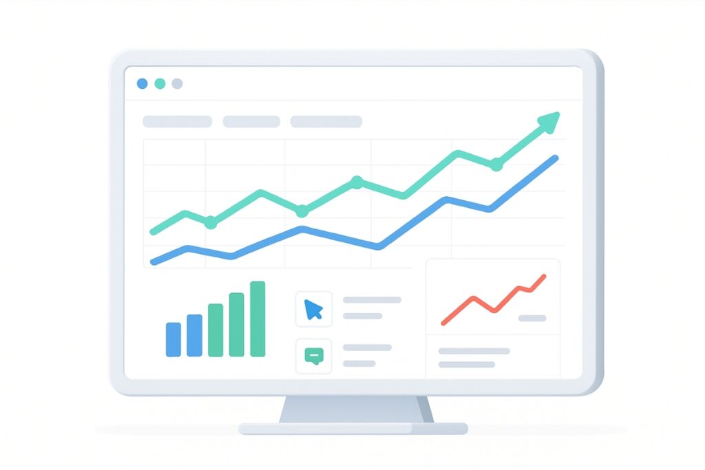 Abbildung eines modernen Analytics-Dashboard-Bildschirms, auf dem nach oben gerichtete Diagrammlinien, Balkendiagramme und lokale Engagement-Metriken angezeigt werden.