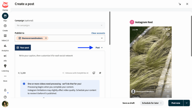 seleziona il contzenuto e l'acraunt su cui pubblicare in Hootsuite