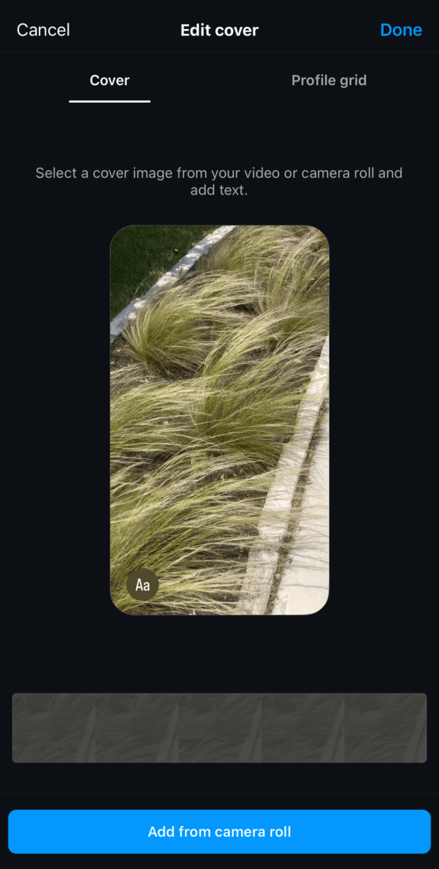 Sezione Edit Cover di Instagram, Offre la possibilità di selezionare un'immagine dal rollino fotografico o da un Video e aggiungere testo