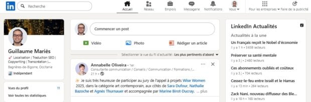 Profil LinkedIn d’un utilisateur, montrant la barre de navigation supérieure