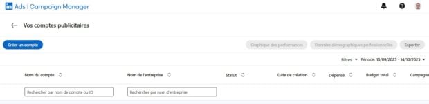 nterface LinkedIn Campaign Manager avec l’onglet Créer un compte