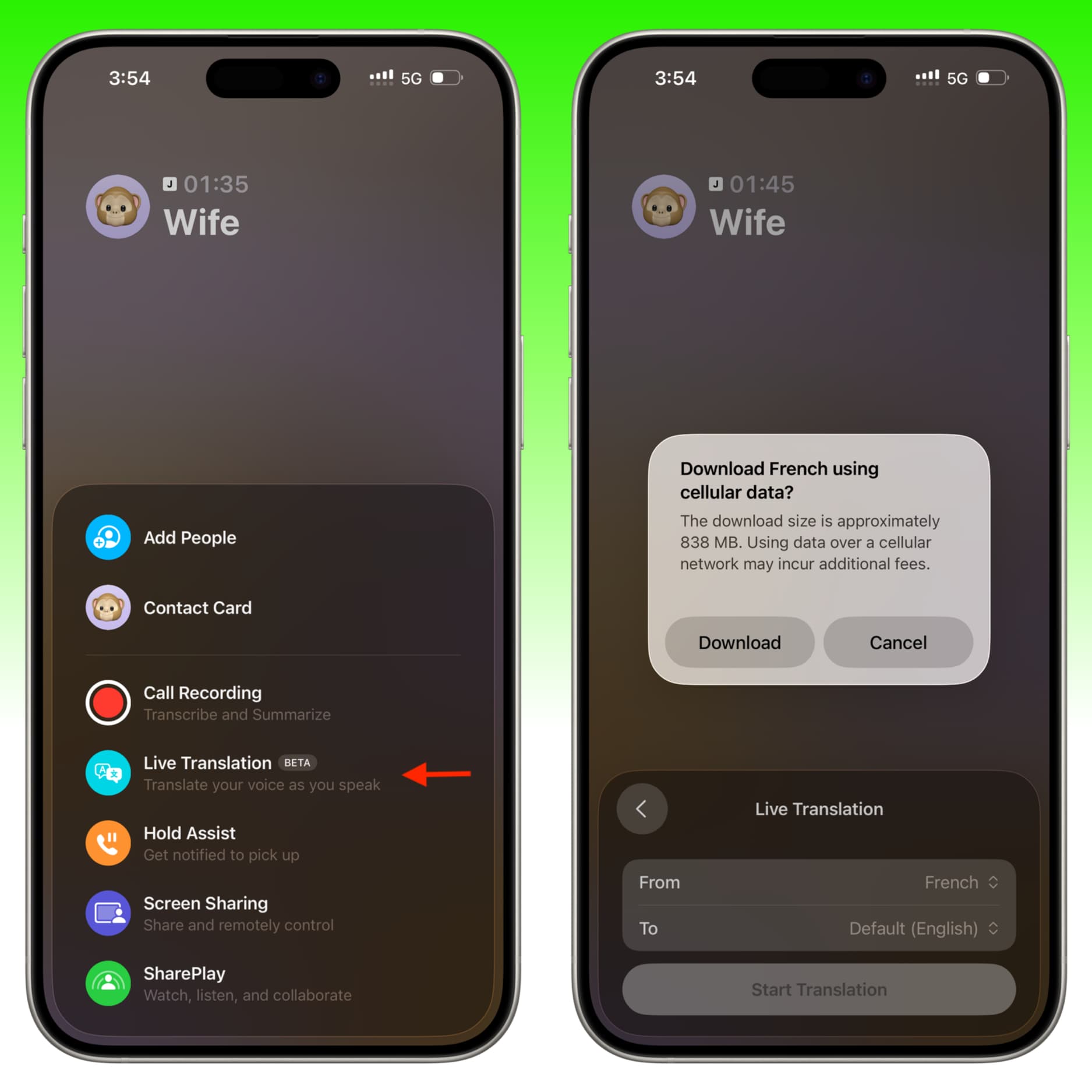 Live-Übersetzung in der iOS 26-Telefon-App