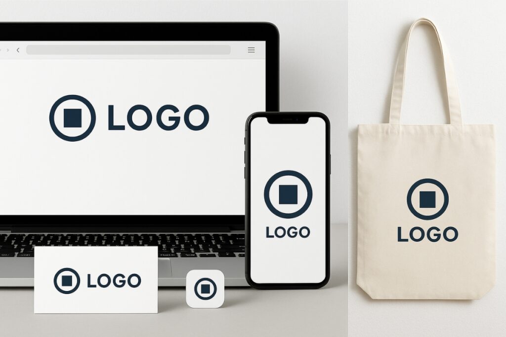 Logo -Variationen, die auf Visitenkarten, Mockups und Social -Media -Ikonen angezeigt werden.