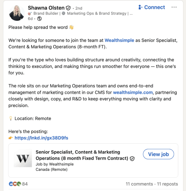 Ein LinkedIn-Beitrag von Shawna Olsten über eine offene Stelle als Senior Specialist, Content & Marketing Operations bei Wealthsimple, ermutigend