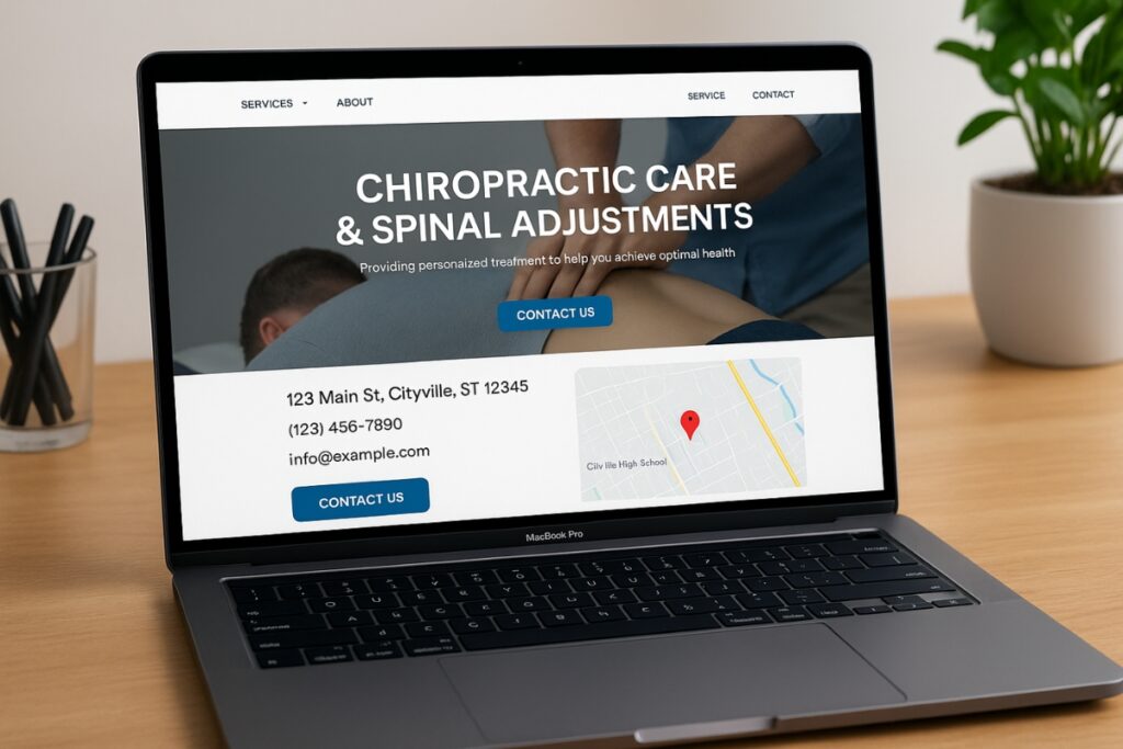Optimierte Chiropraktik-Website mit lokalen Kontaktdaten, Google Map und Serviceseiten für SEO.
