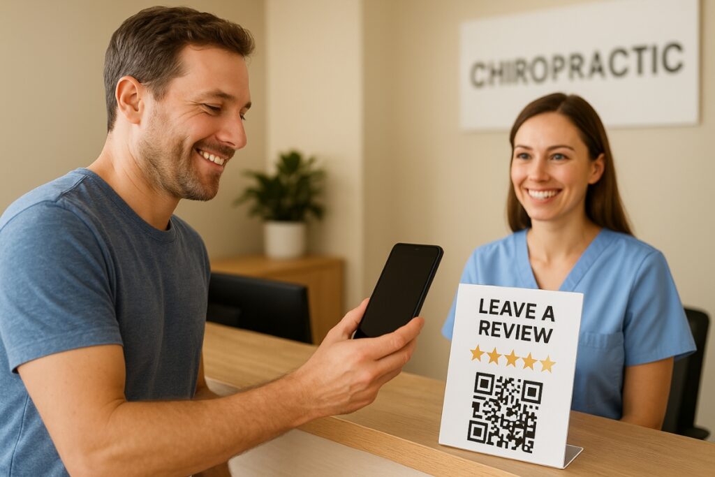 Patient gibt über einen QR-Code oder eine mobile App eine Fünf-Sterne-Bewertung für eine Chiropraktikklinik ab.