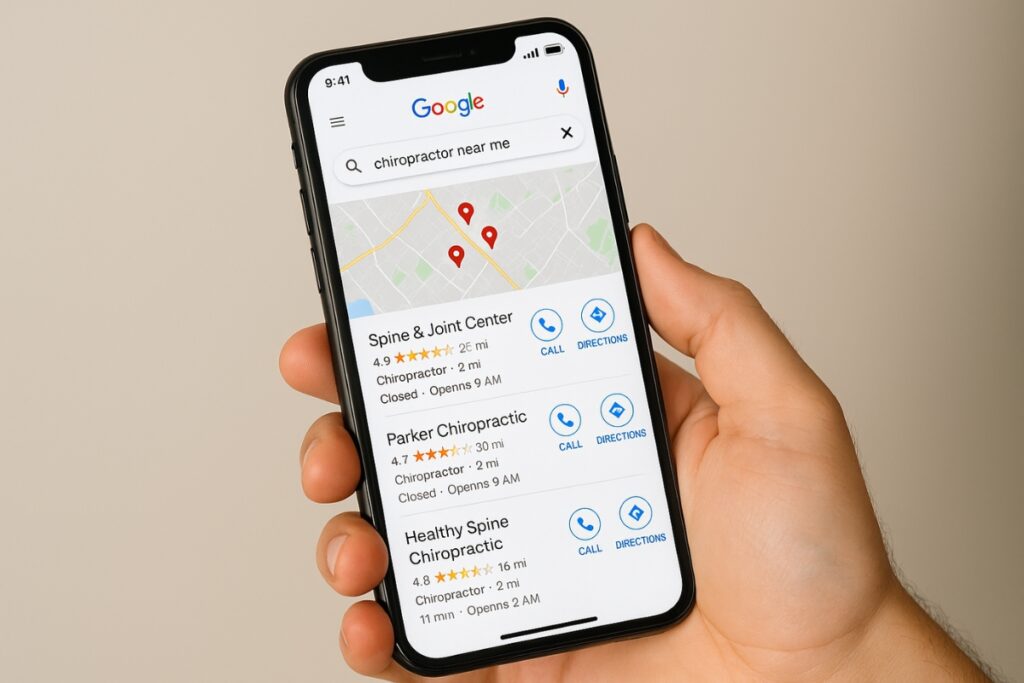 Person, die auf Google Maps nach einem Chiropraktiker in meiner Nähe sucht. In den Ergebnissen werden lokale Kliniken angezeigt.