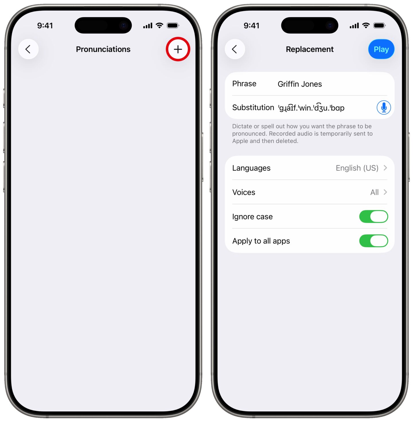 Aussprachen iPhone -Screenshots zeigen, wie Sie eine benutzerdefinierte Aussprache hinzufügen
