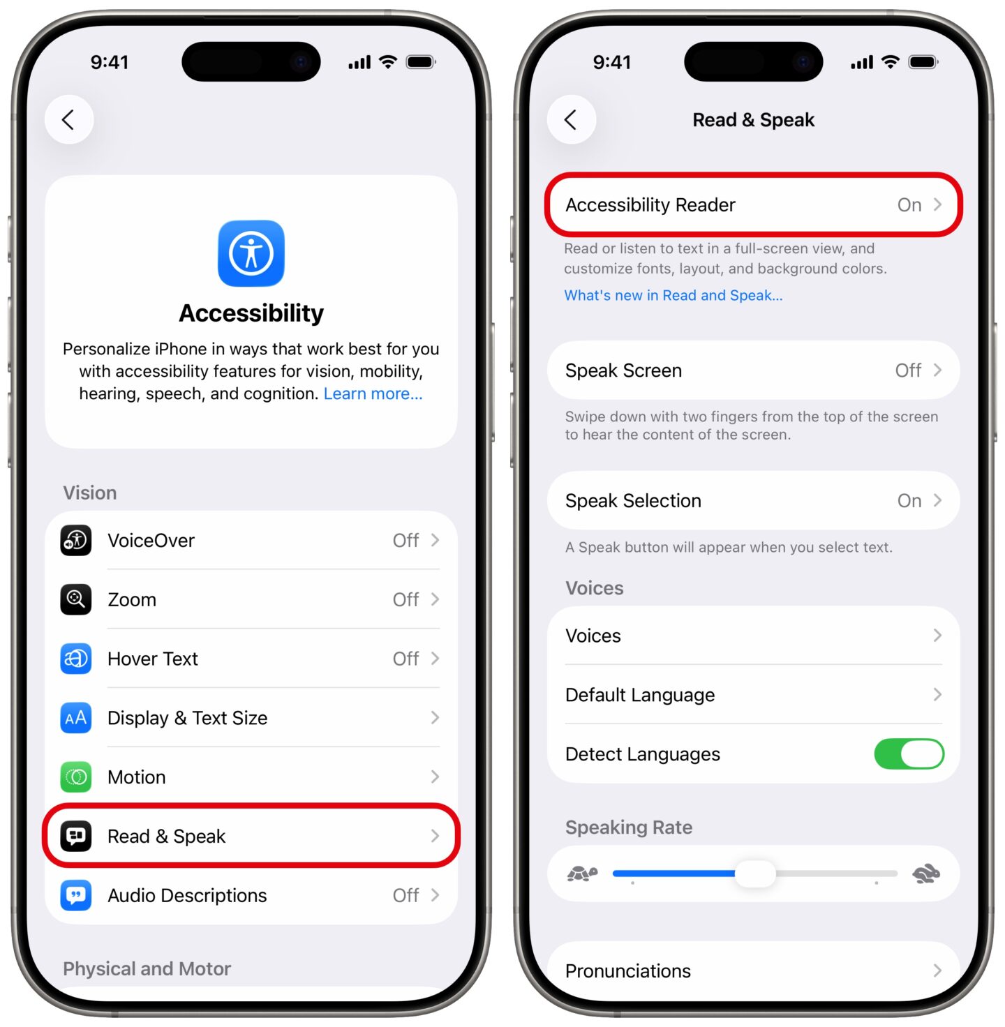 Lesen und sprechen iPhone -Screenshots zeigen die Einstellungen für die Lese- und Speakacing -Accessibility und die Barrierefreiheit, eine Funktion, mit der das iPhone Text auf seinem Bildschirm laut lesen kann.
