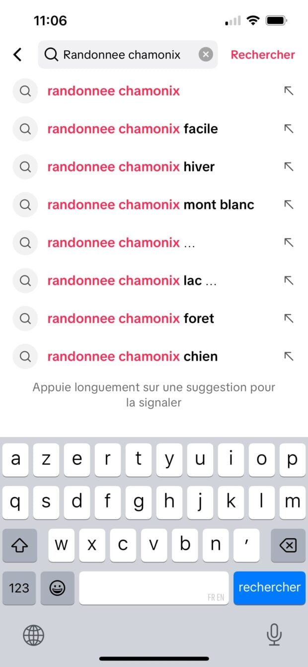 Vorschläge der TikTok-Suite zum Thema „Mot-Clé Randonnée Chamonix“.