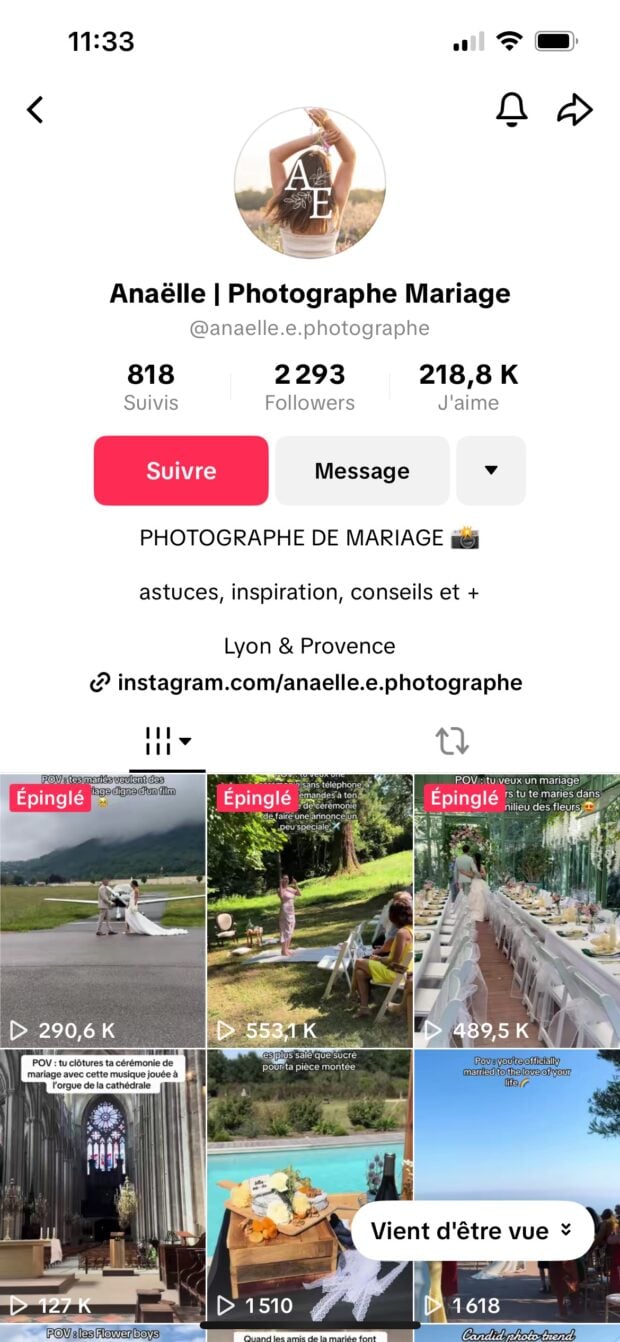 TikTok-Profil von Anaëlle Mariage Photographie mit einer klaren und relevanten Biografie