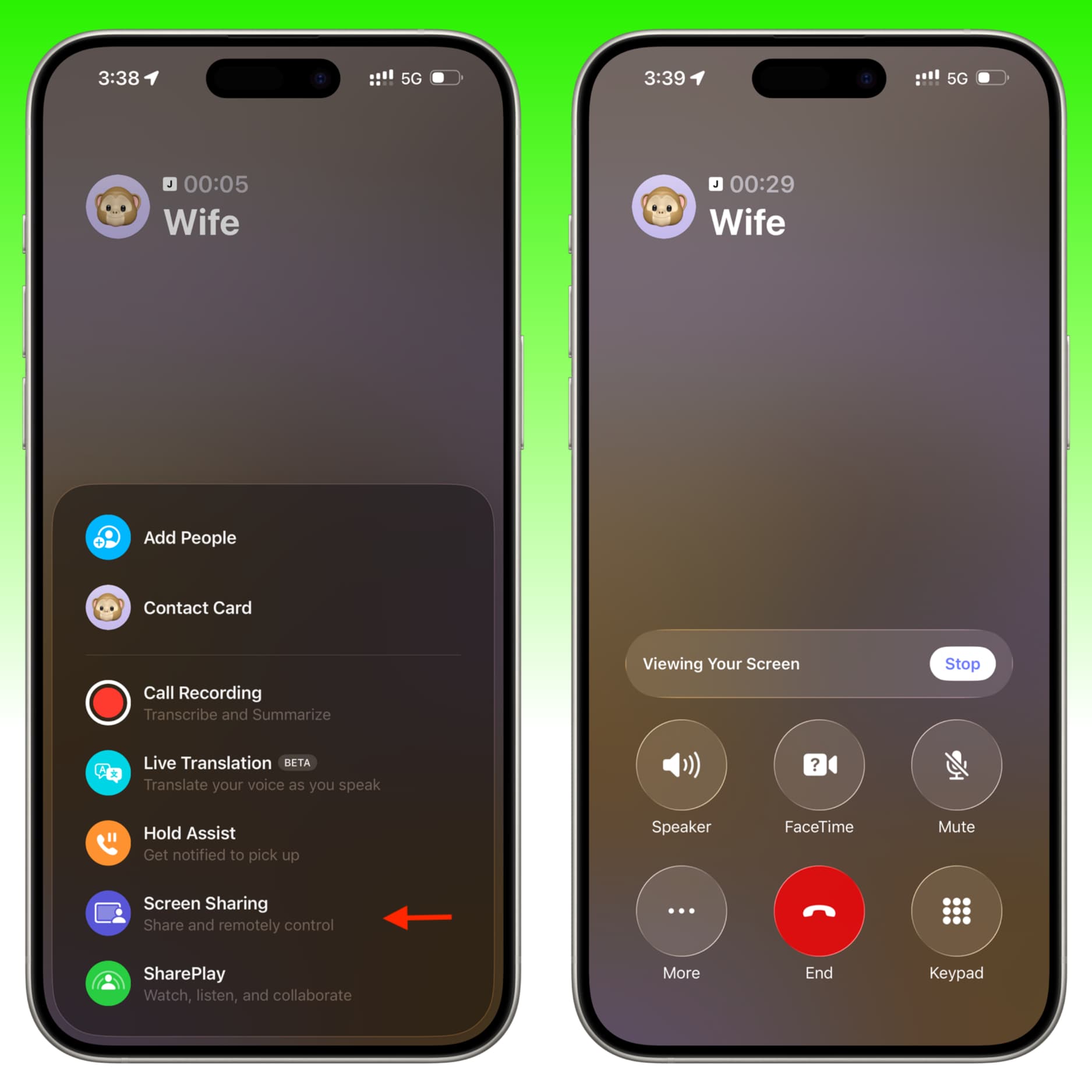Bildschirmfreigabe in der iOS 26 Phone-App auf dem iPhone