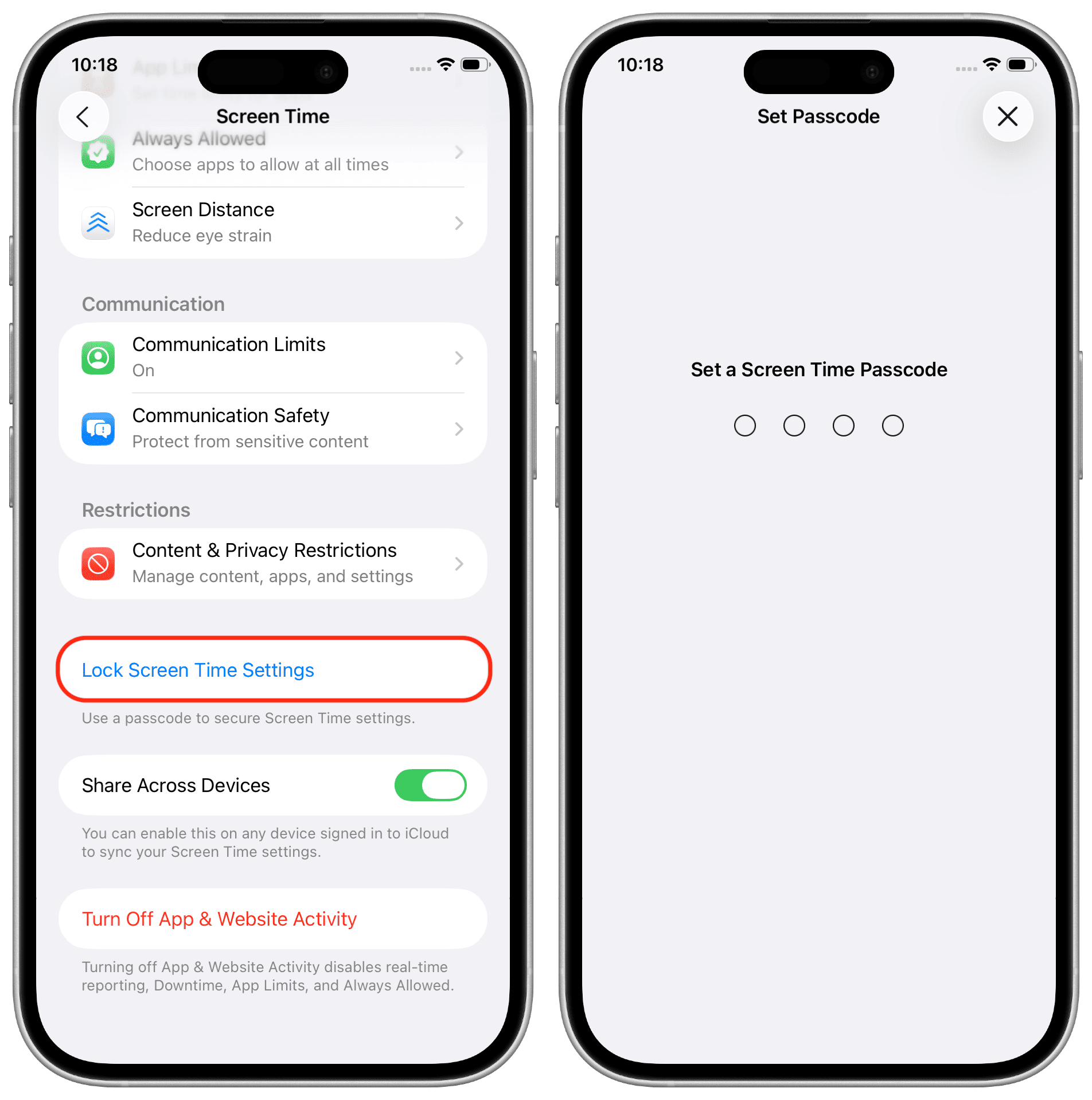 Einstellen des Bildschirms Zeitpasscode auf dem iPhone des Kindes