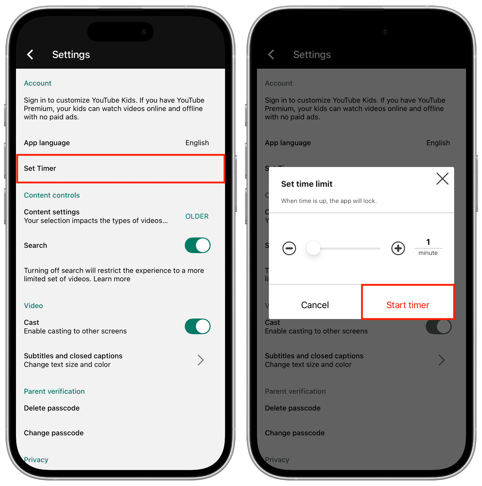 Setzen Sie eine Minute Timer -Limit für YouTube Kids App