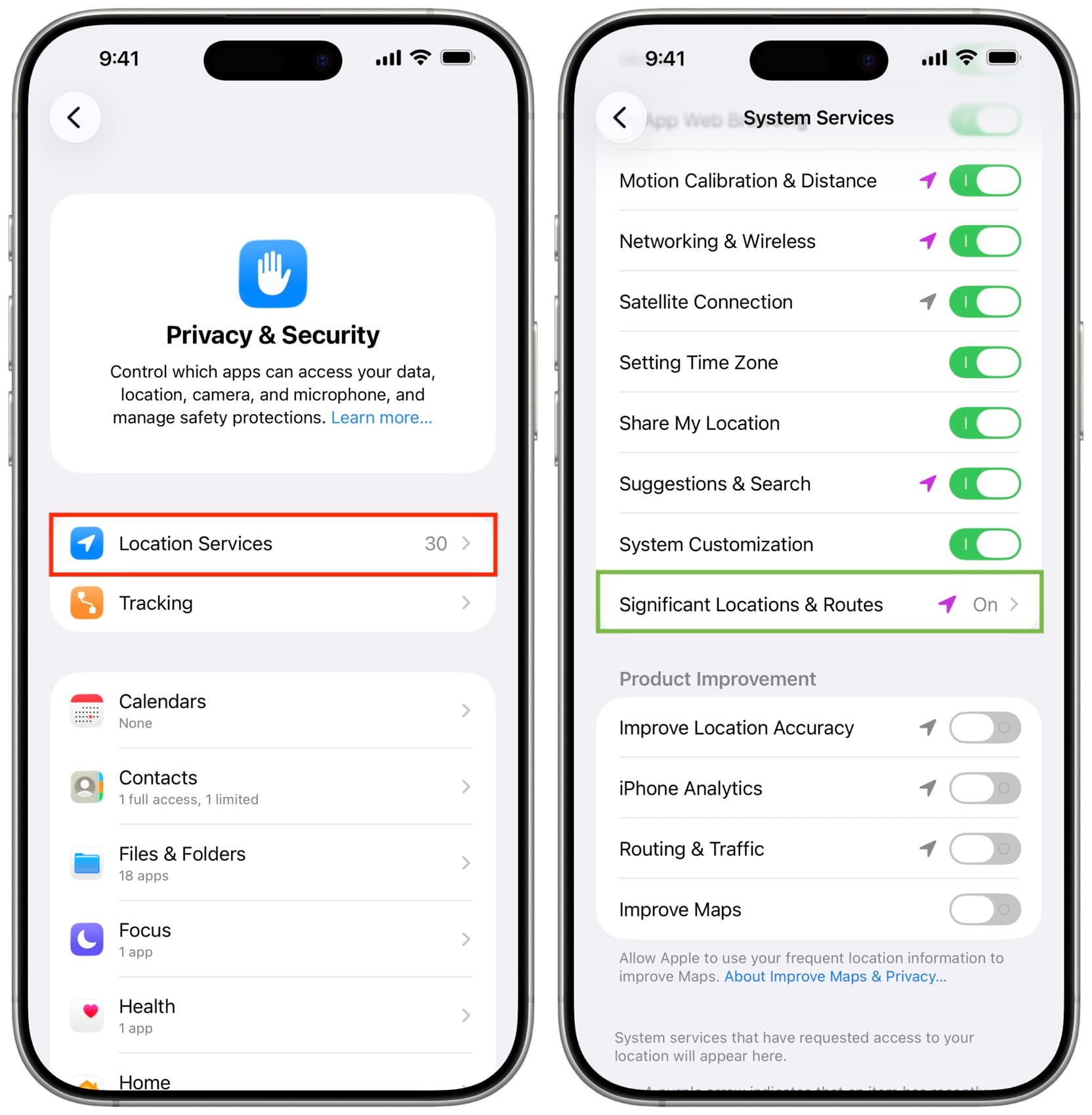 Wesentliche Standorte und Routen, die in iPhone -Einstellungen aktiviert sind