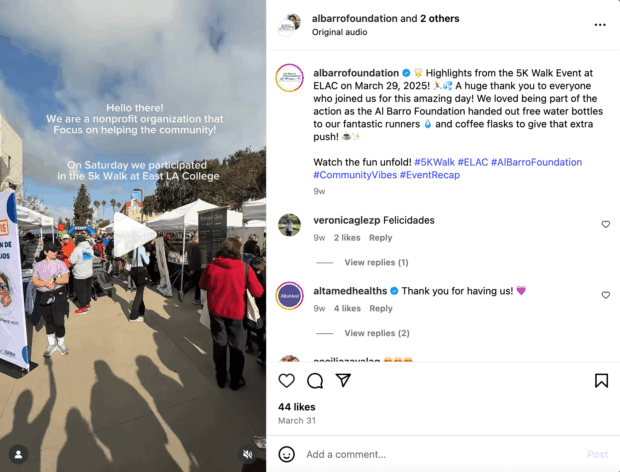 Ein Social-Media-Beitrag von albarrofoundation, der Highlights einer 5-km-Laufveranstaltung zeigt, ein Beispiel für Event-Promotion und Community-Engagement durch soziale Medien für gemeinnützige Organisationen.