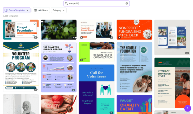 Verschiedene Canva-Vorlagen für gemeinnützige Organisationen, darunter Jahresberichte und Fundraising-Pitch-Decks, die Designressourcen für soziale Medien für gemeinnützige Organisationen demonstrieren.