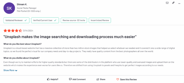 Eine Rezension über Unsplash zum Suchen und Herunterladen von Bildern, relevant für soziale Medien für gemeinnützige Organisationen, die qualitativ hochwertige Bilder suchen, und erwähnt gleichzeitig einen Wechsel zu anderen Plattformen wie Pexels und Freepik.