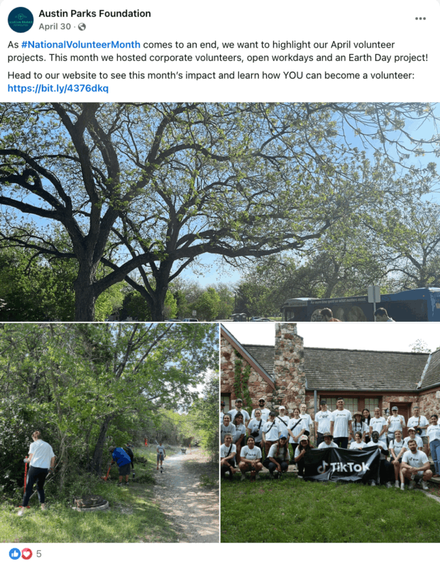 Bilder von Freiwilligen, die im Freien arbeiten, und ein Gruppenfoto mit einem TikTok-Banner, das Freiwilligenprojekte der Austin Parks Foundation als eine Form sozialer Medien für das Engagement gemeinnütziger Organisationen hervorhebt.