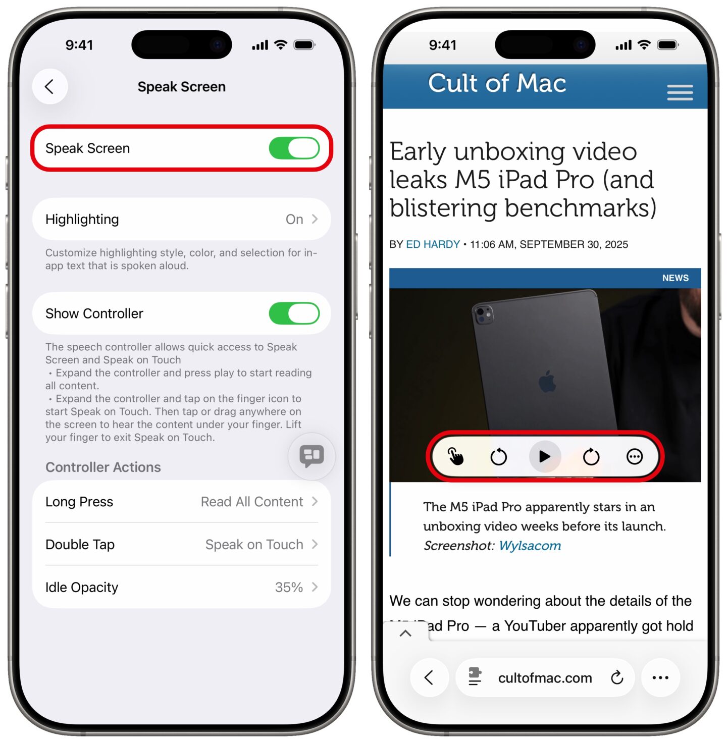Sprechen Sie Bildschirm Screenshots zeigen, wie das Speak -Bildschirm aktiviert wird, damit das iPhone Text laut lasst
