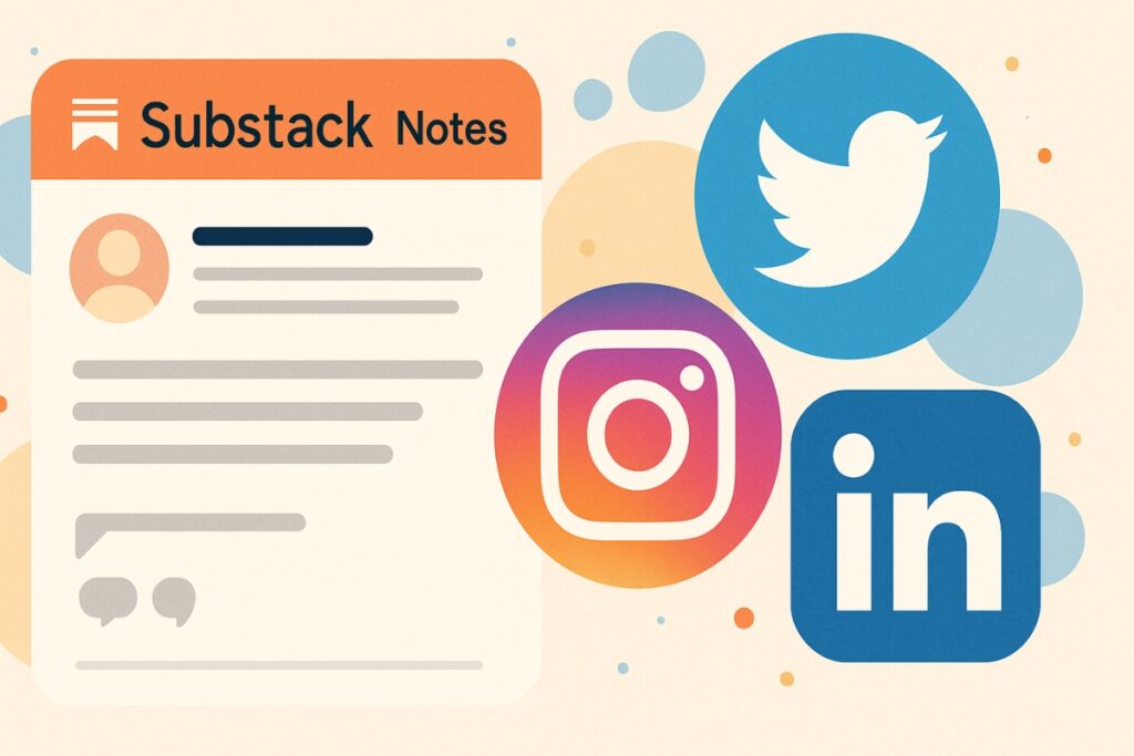 Substack-Notizen-Feed und Social-Media-Symbole symbolisieren das Newsletter-Wachstum