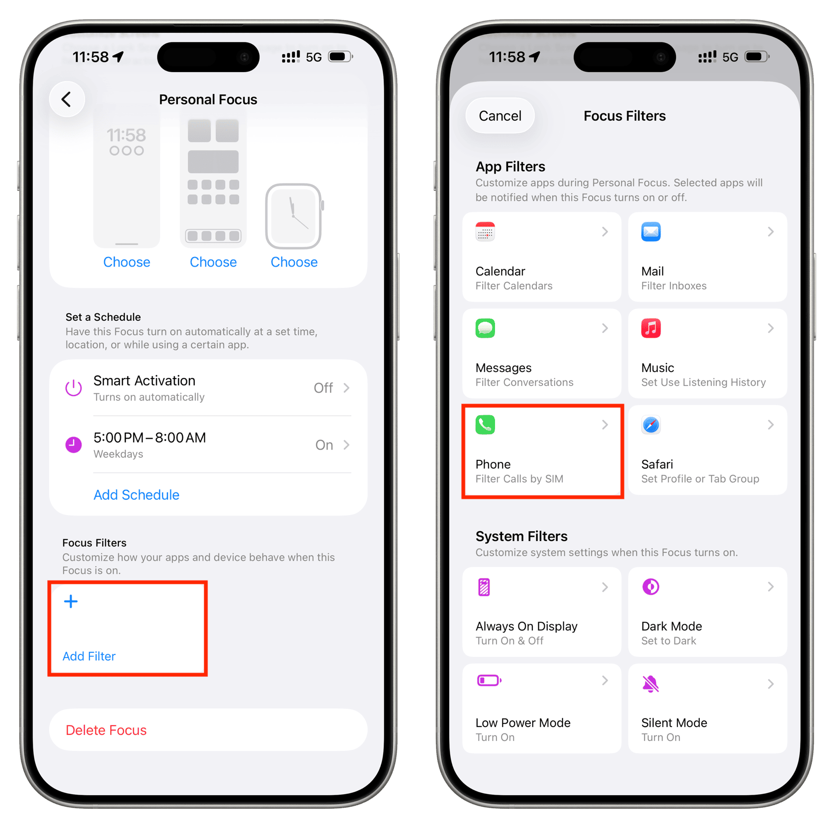 Tippen Sie auf Filter für Fokus hinzufügen und wählen Sie Telefonanrufe nach SIM filtern