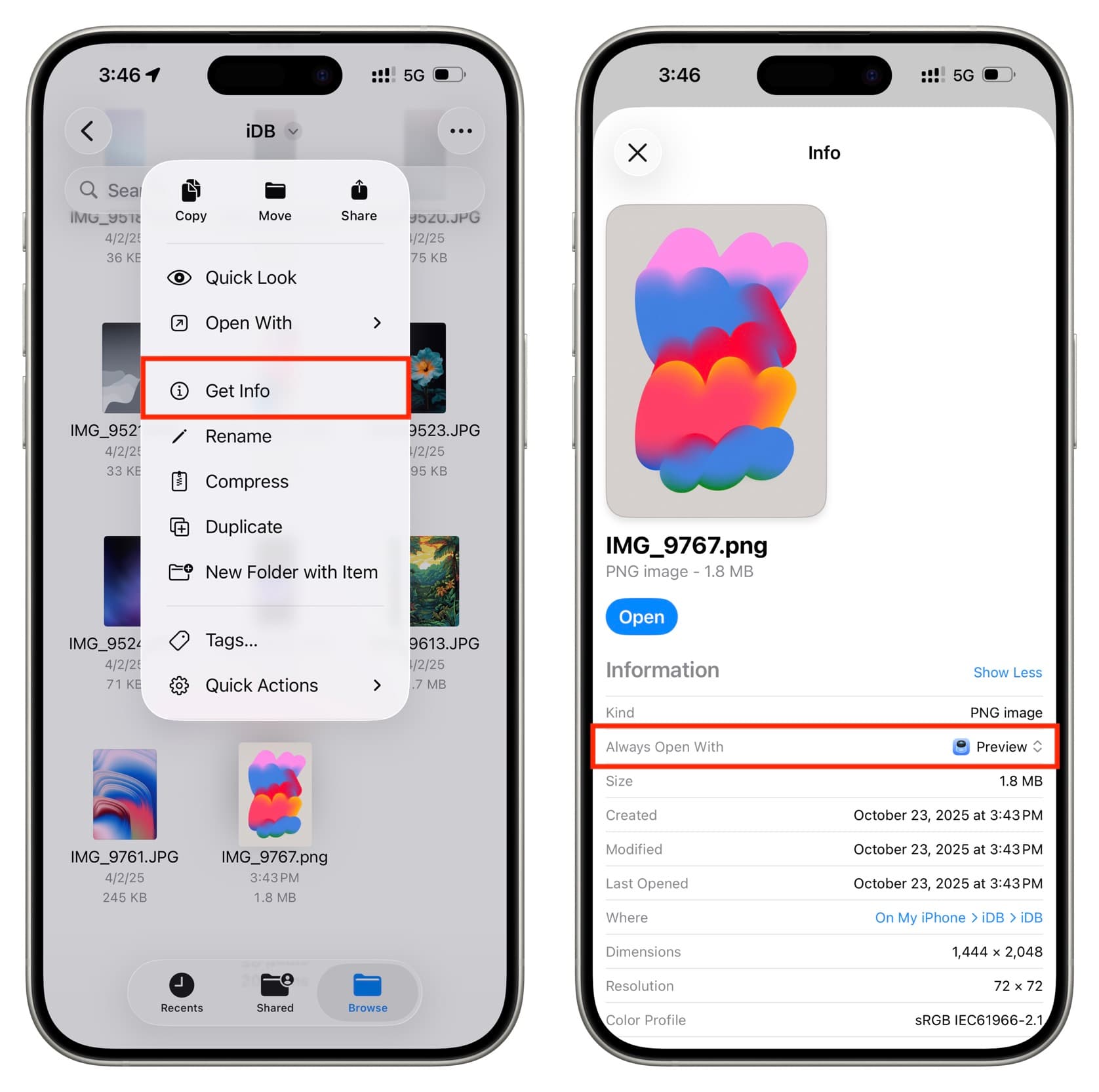 Tippen Sie für eine Datei auf dem iPhone auf „Informationen“ und dann auf „Immer öffnen mit“.