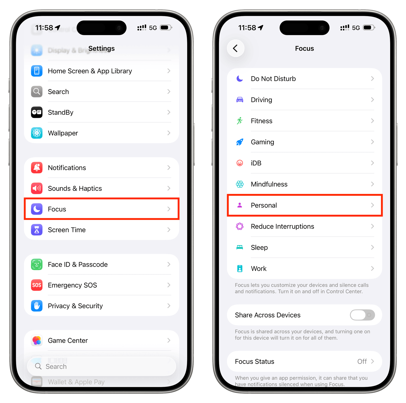 Tippen Sie in den iPhone-Einstellungen auf Persönlicher Fokus