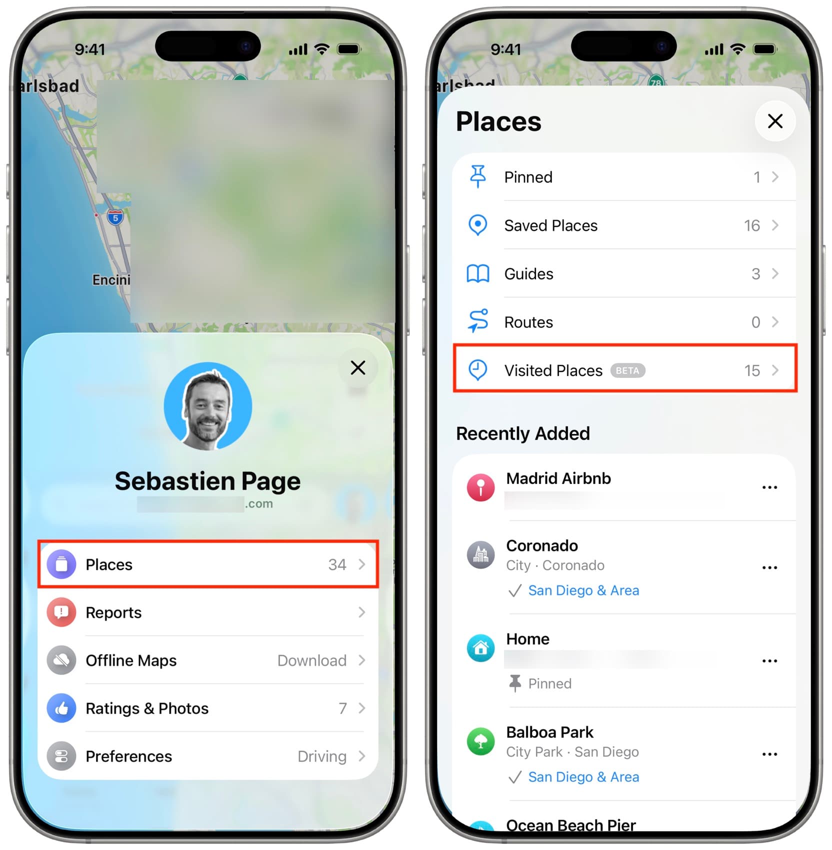 Tippen auf Orte besuchte Orte in der iPhone Maps App