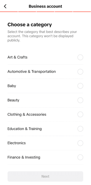 Scegli la Categoria pro il Tuo -Konto Tiktok Business