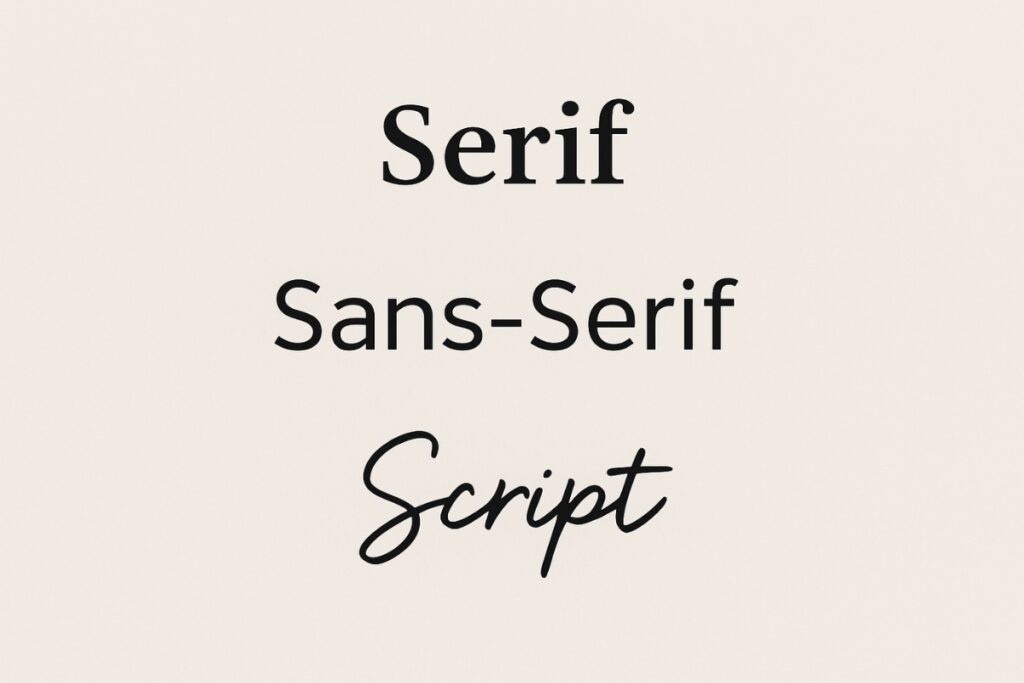 Typografie-Beispiele zum Vergleich von Serifen-, Sans-Serif- und Skript-Schriftarten für das Logo-Design.