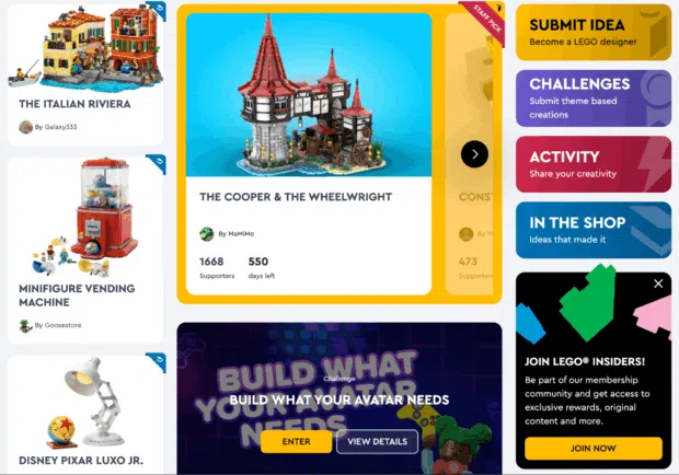 Eine LEGO Ideas-Plattform, die verschiedene benutzergenerierte Inhaltskreationen präsentiert, darunter