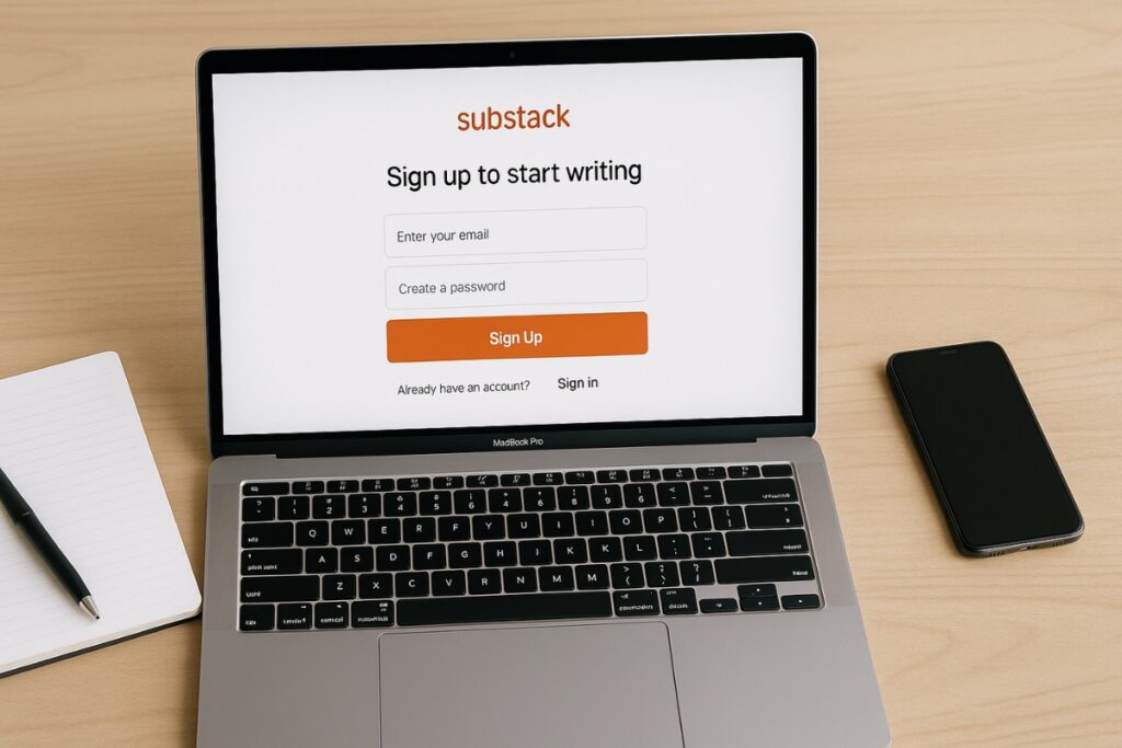 Benutzer meldet sich auf einem Laptop bei Substack an, um einen Newsletter zu starten