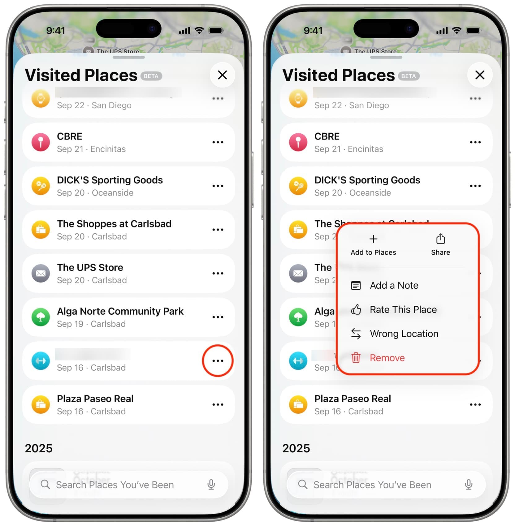 Betrachten und Verwalten besuchter Ort in Apple Maps