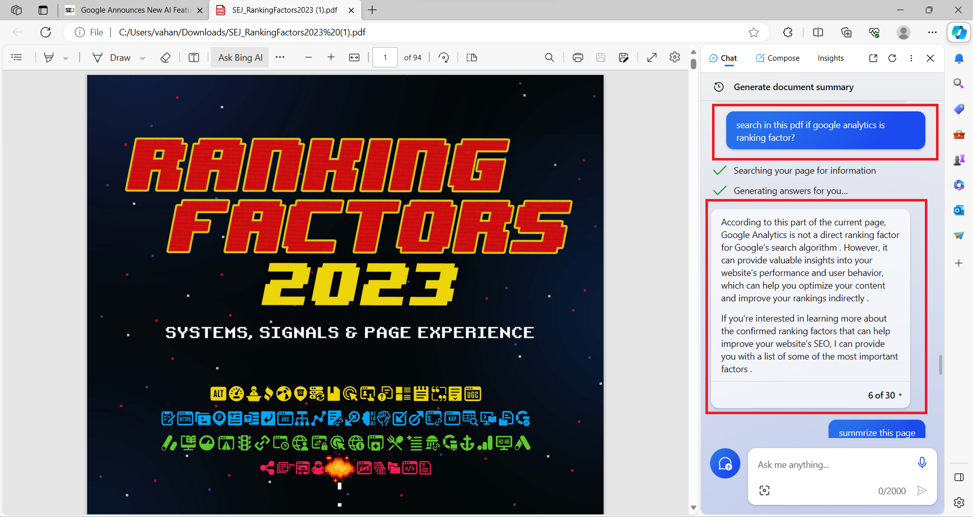 Bing-Chat beantwortet Fragen zu PDF.