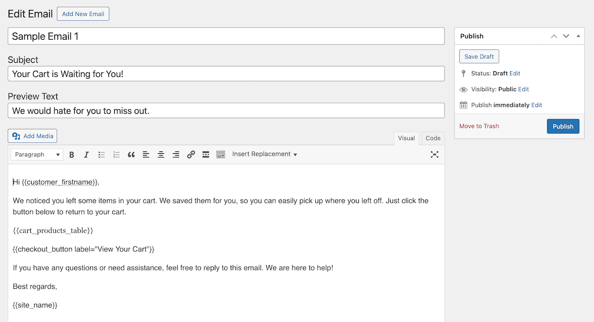 Eine E-Mail-Vorlage zur Wiederherstellung abgebrochener Warenkörbe in den CheckoutWC-Einstellungen.