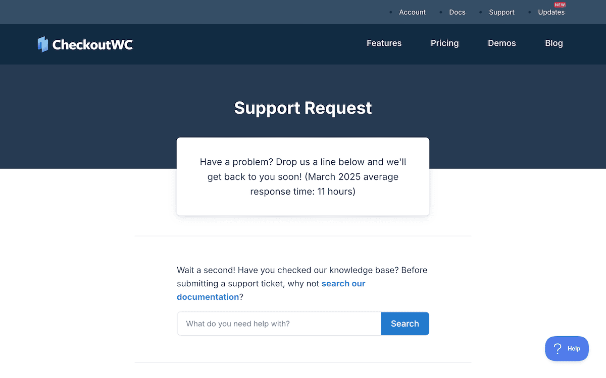 Die CheckoutWC-Supportseite mit Kontaktformular und Benachrichtigung zur Reaktionszeit.