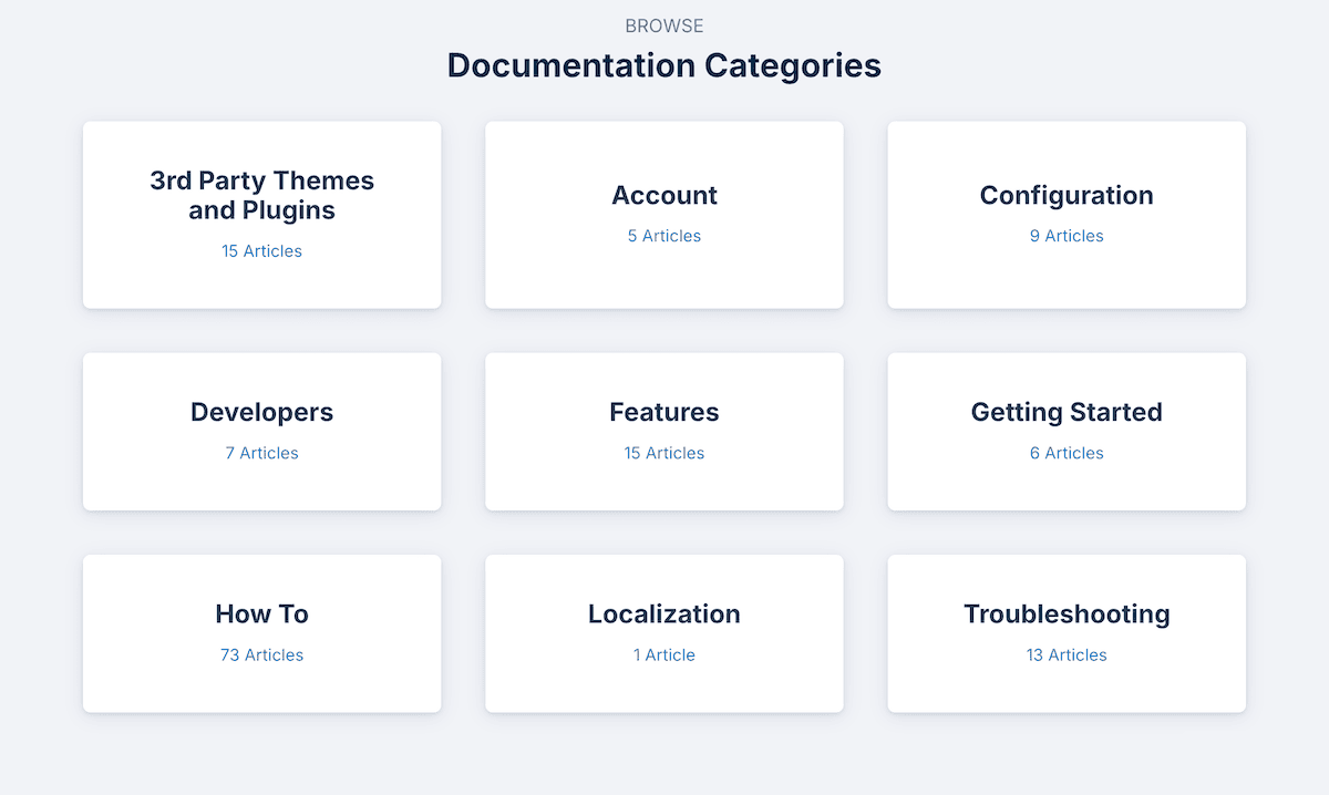 Die Homepage der CheckoutWC-Dokumentation mit Hilfekategorien.